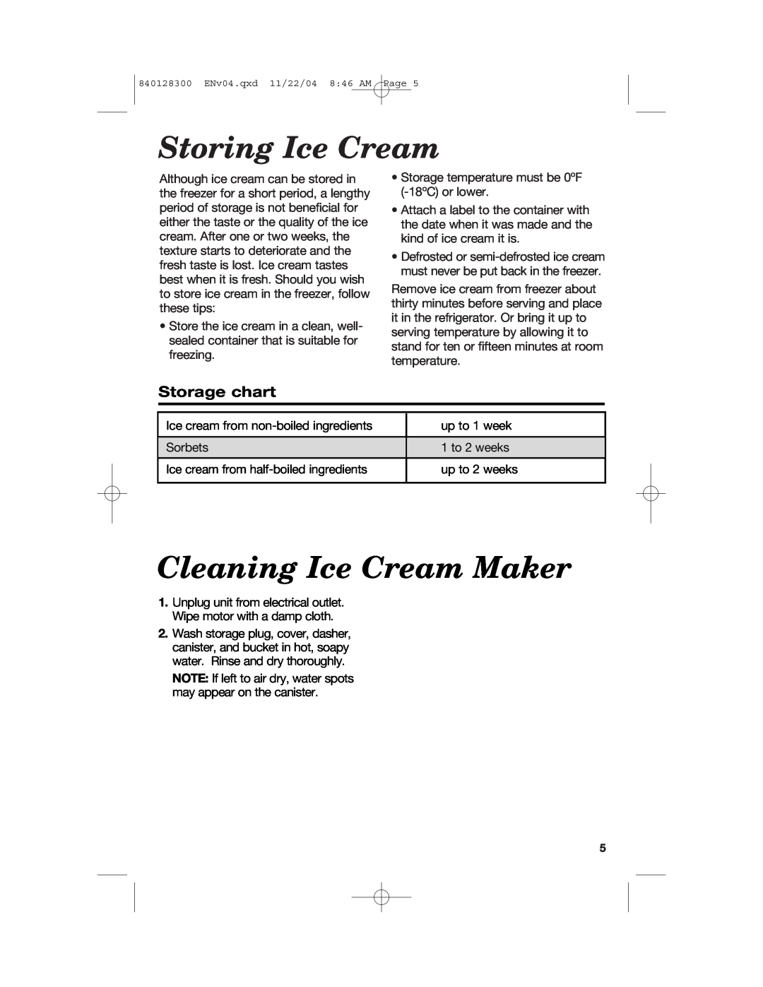 Hamilton Beach 68330 manual Storing Ice Cream, Cleaning Ice Cream Maker, Storage chart 