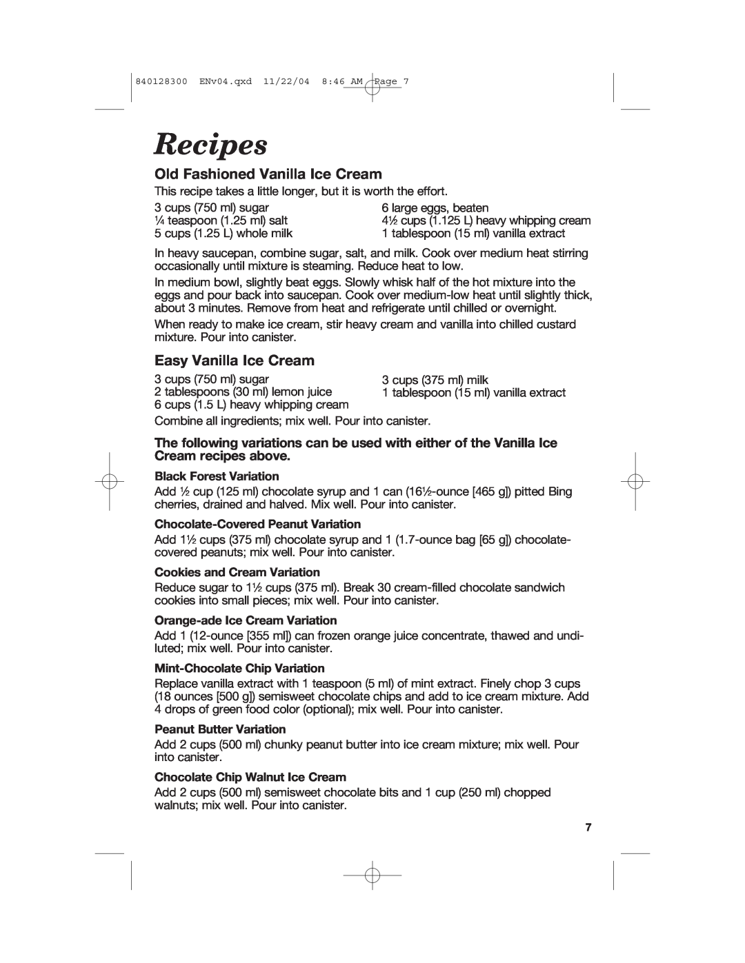 Hamilton Beach 68330 manual Recipes, Old Fashioned Vanilla Ice Cream, Easy Vanilla Ice Cream, Black Forest Variation 