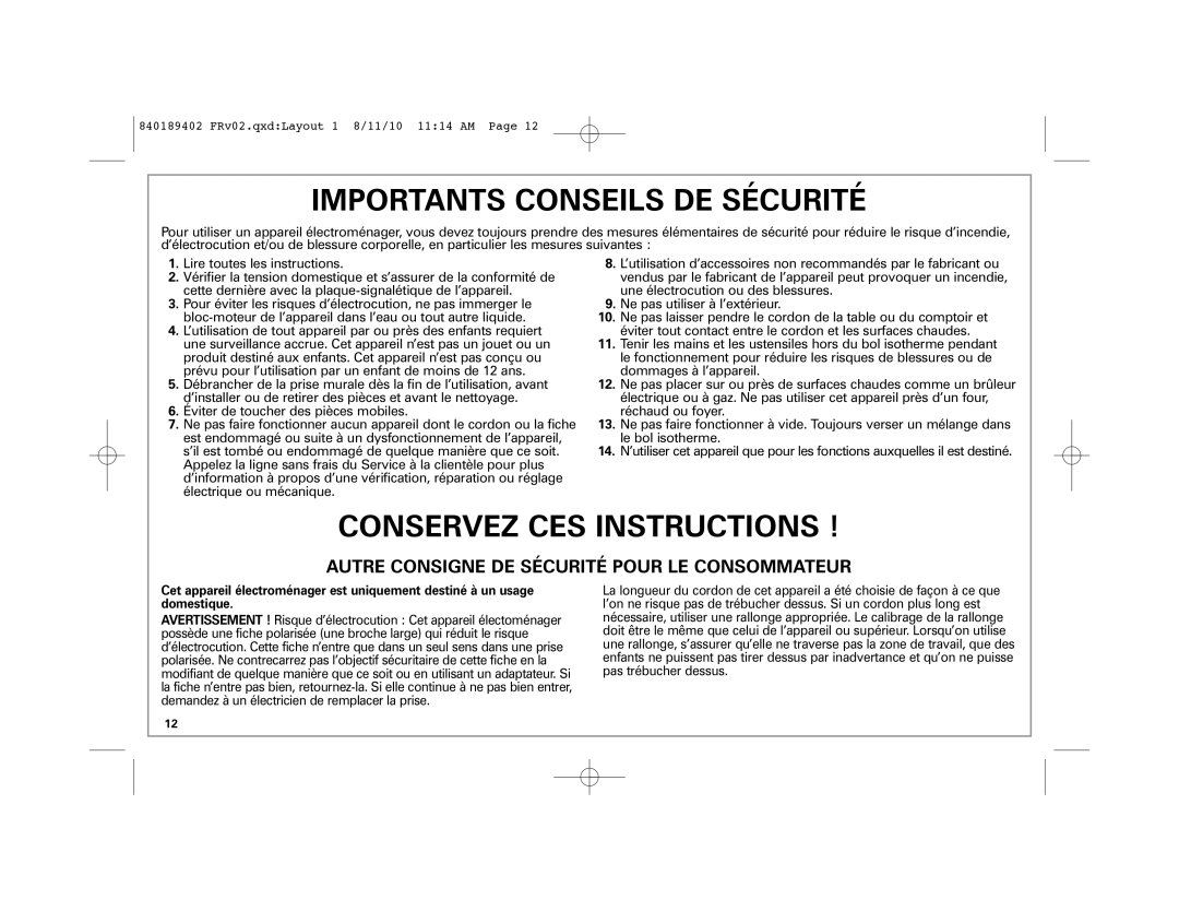 Hamilton Beach 68550E manual Importants Conseils DE Sécurité 