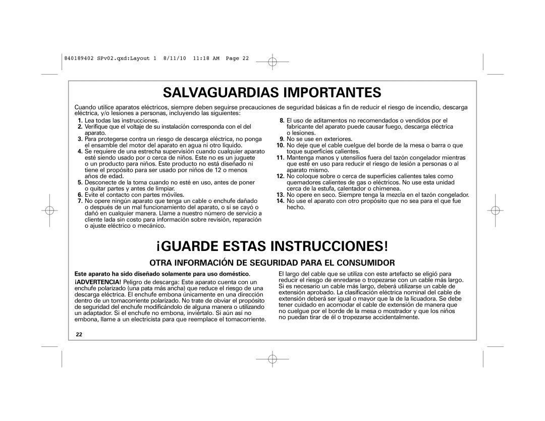 Hamilton Beach 68550E manual Salvaguardias Importantes, Este aparato ha sido diseñado solamente para uso doméstico 