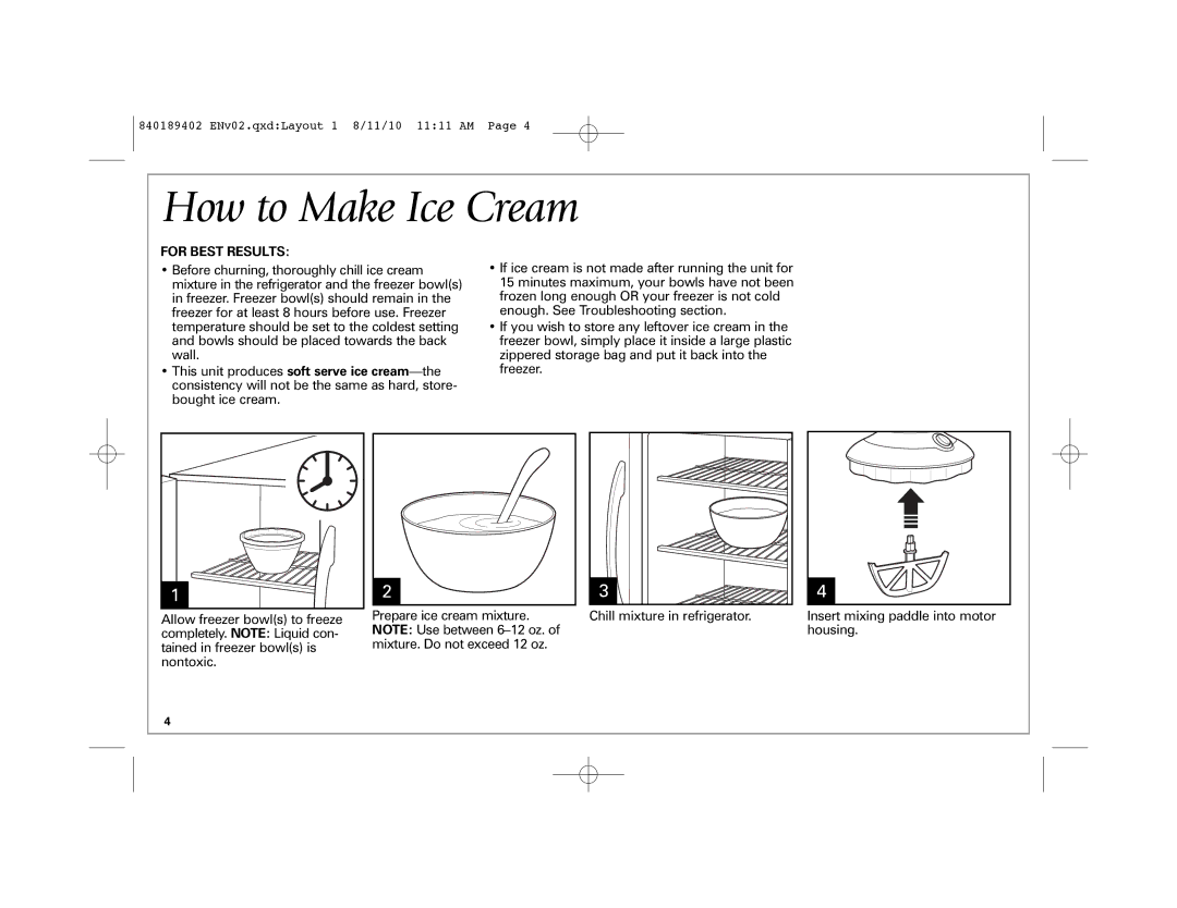 Hamilton Beach 68550E manual How to Make Ice Cream, For Best Results 