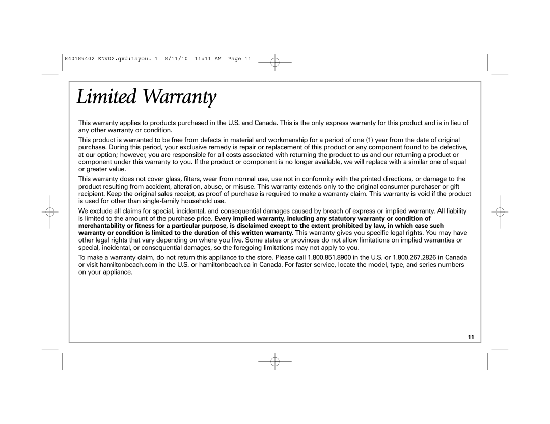 Hamilton Beach 68550E manual Limited Warranty 
