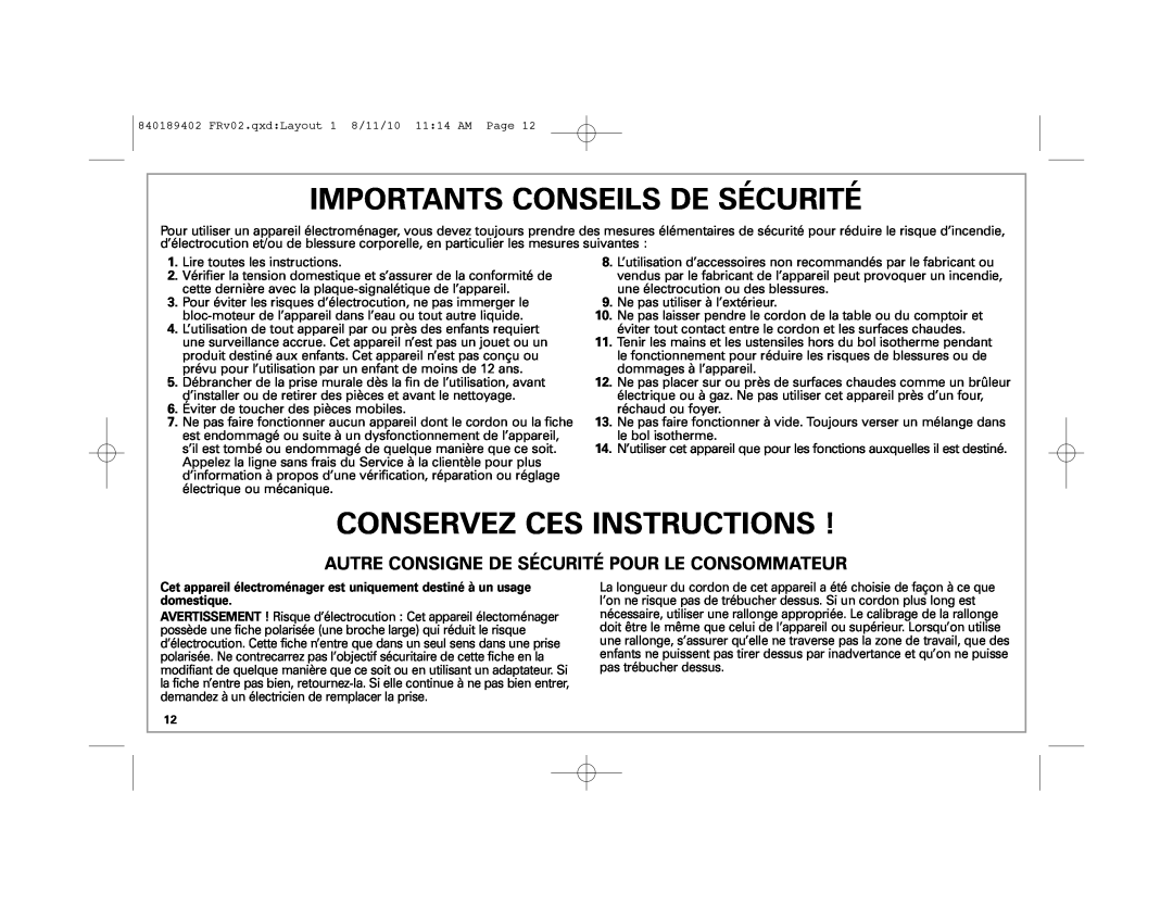 Hamilton Beach 68550E manual Importants Conseils De Sécurité, Conservez Ces Instructions 
