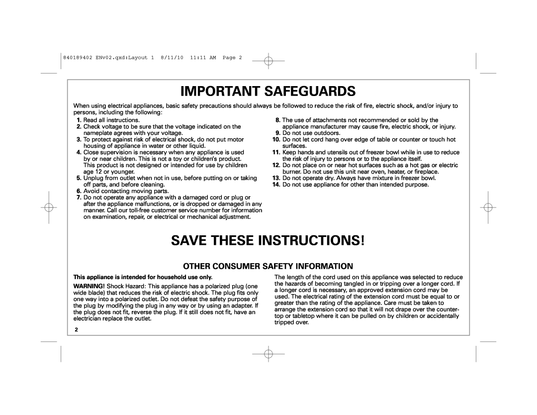 Hamilton Beach 68550E manual Important Safeguards, Save These Instructions, Other Consumer Safety Information 