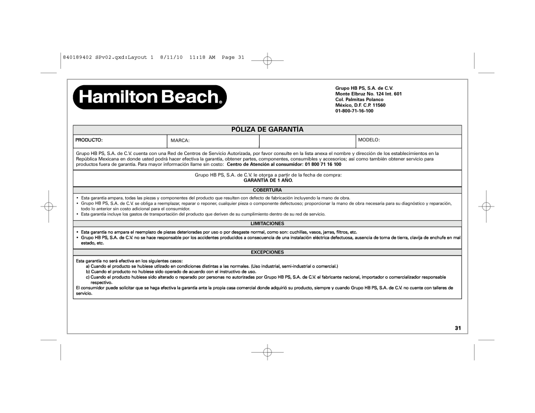 Hamilton Beach 68550E Póliza De Garantía, 840189402 SPv02.qxdLayout 1 8/11/10 1118 AM Page, GARANTÍA DE 1 AÑO COBERTURA 