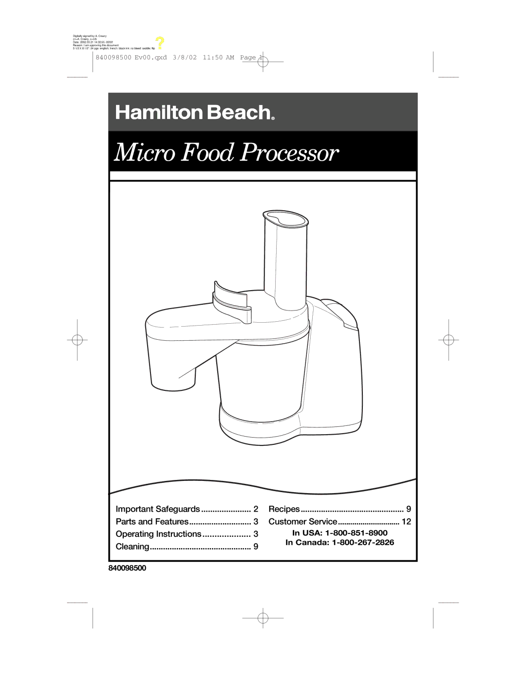 Hamilton Beach 70200 manual Micro Food Processor 