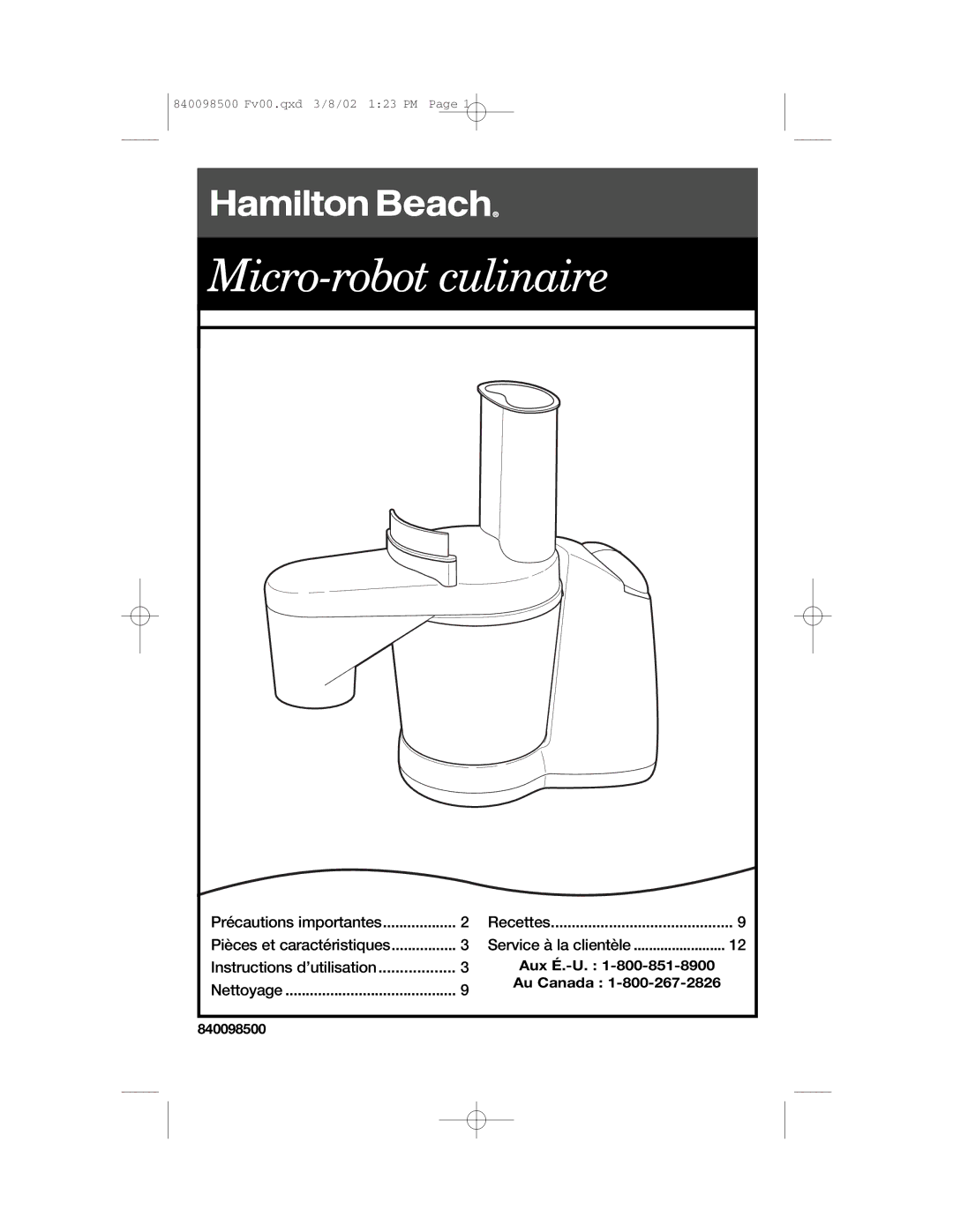 Hamilton Beach 70200 manual Micro-robot culinaire 