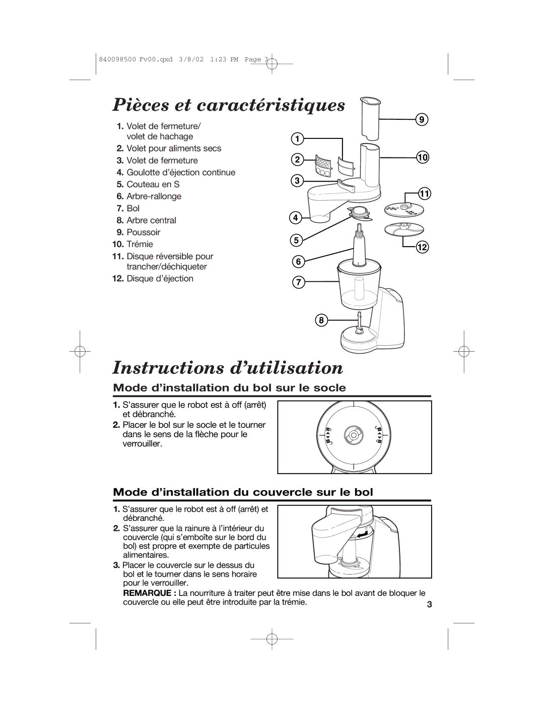 Hamilton Beach 70200 manual Pièces et caractéristiques, Instructions d’utilisation, Mode d’installation du bol sur le socle 