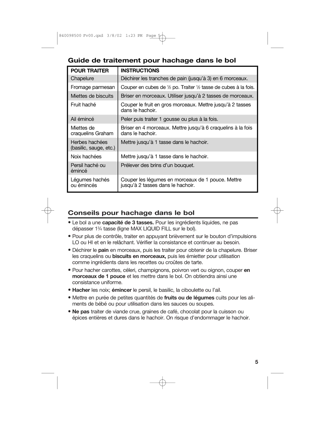 Hamilton Beach 70200 manual Guide de traitement pour hachage dans le bol, Conseils pour hachage dans le bol, Pour Traiter 