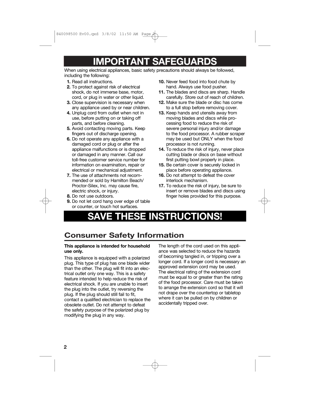 Hamilton Beach 70200 manual Important Safeguards 