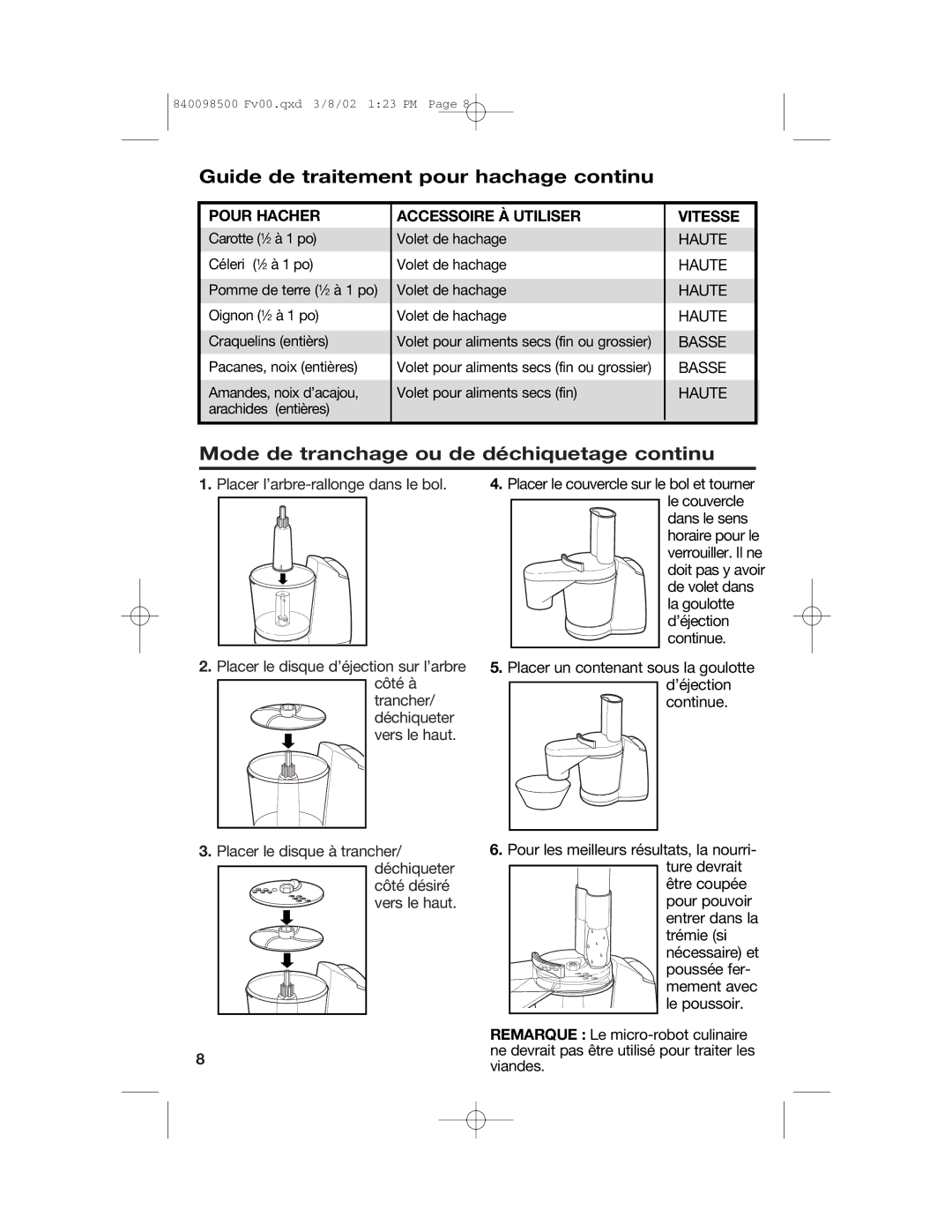 Hamilton Beach 70200 Guide de traitement pour hachage continu, Mode de tranchage ou de déchiquetage continu, Pour Hacher 