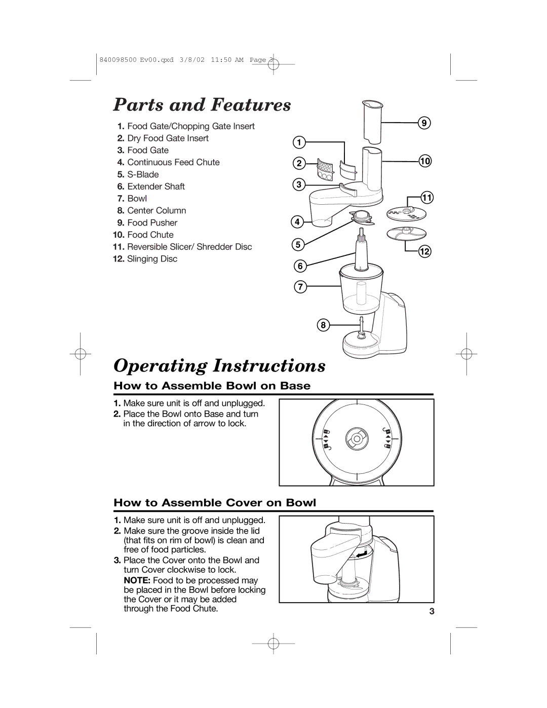 Hamilton Beach 70200 manual Parts and Features, Operating Instructions, How to Assemble Bowl on Base 