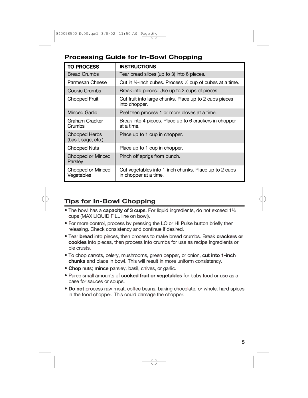 Hamilton Beach 70200 manual Processing Guide for In-Bowl Chopping, Tips for In-Bowl Chopping, To Process, Instructions 