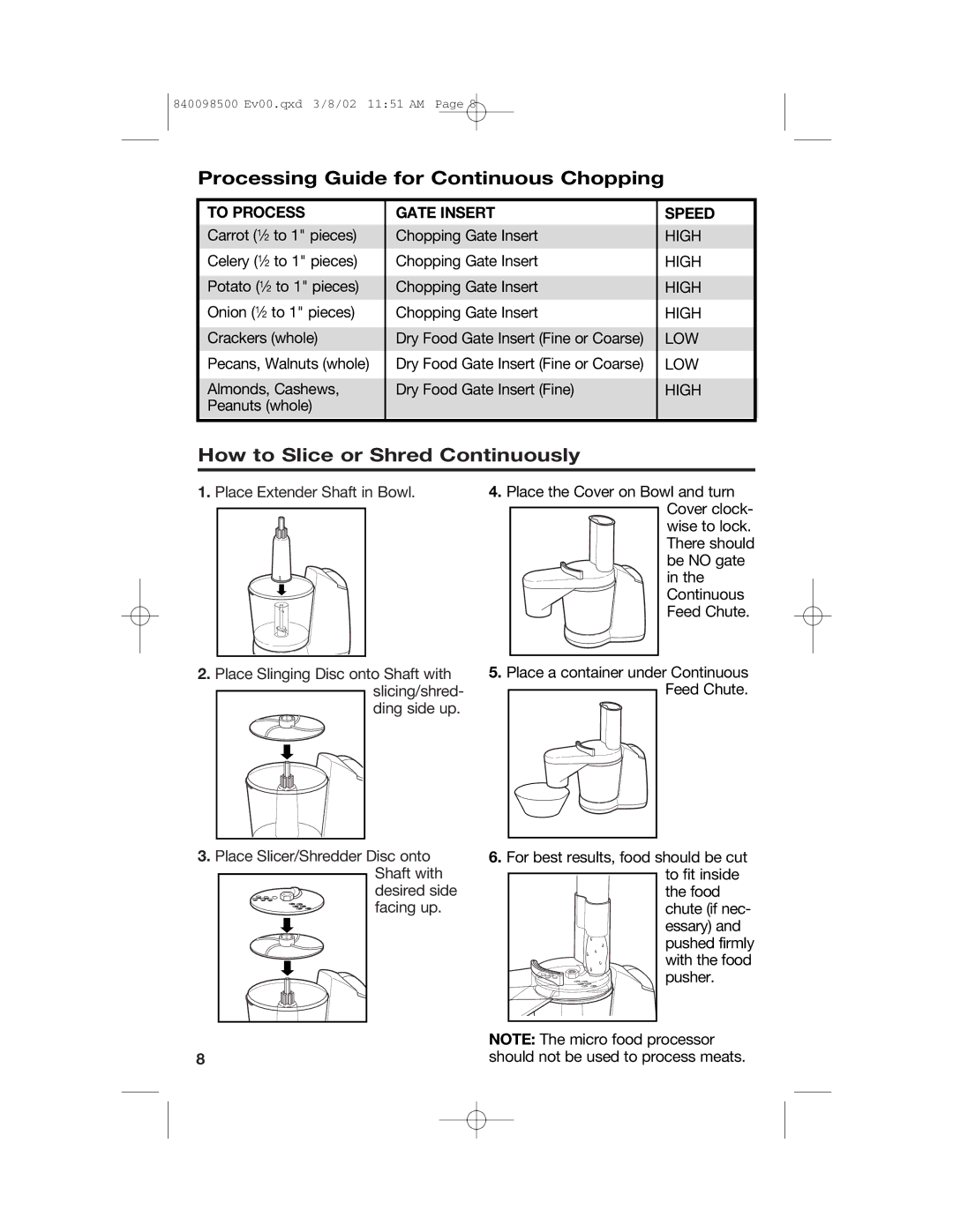 Hamilton Beach 70200 Processing Guide for Continuous Chopping, How to Slice or Shred Continuously, Gate Insert, Speed 