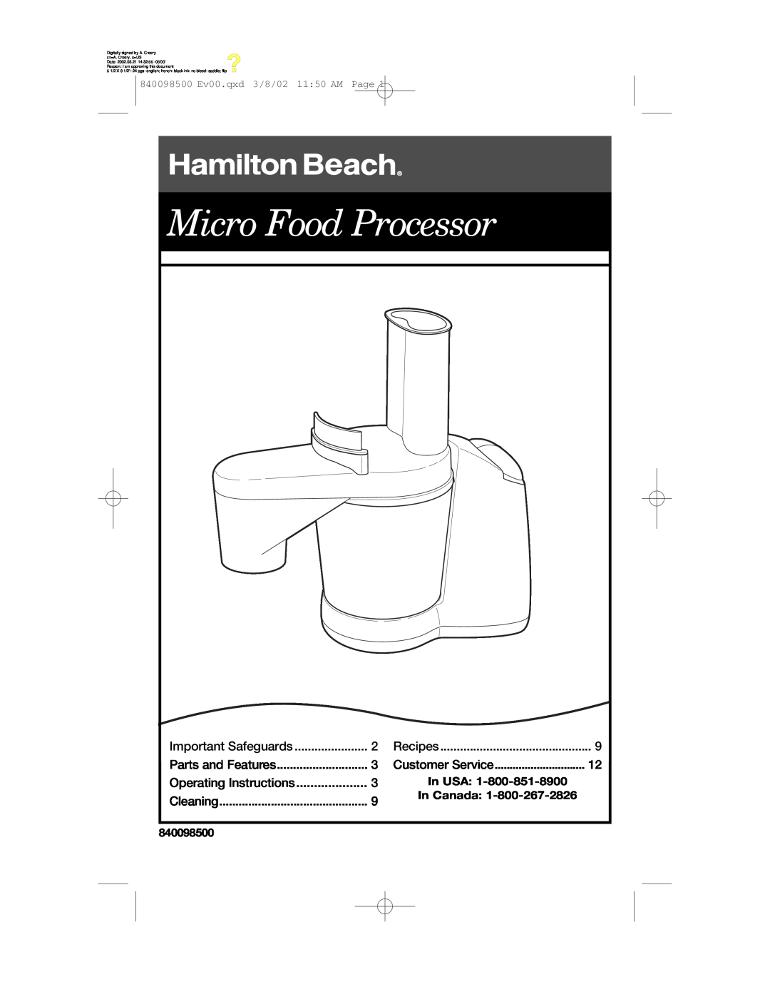 Hamilton Beach 70200 manual Micro Food Processor, In USA, In Canada, 840098500 Ev00.qxd 3/8/02 1150 AM Page 