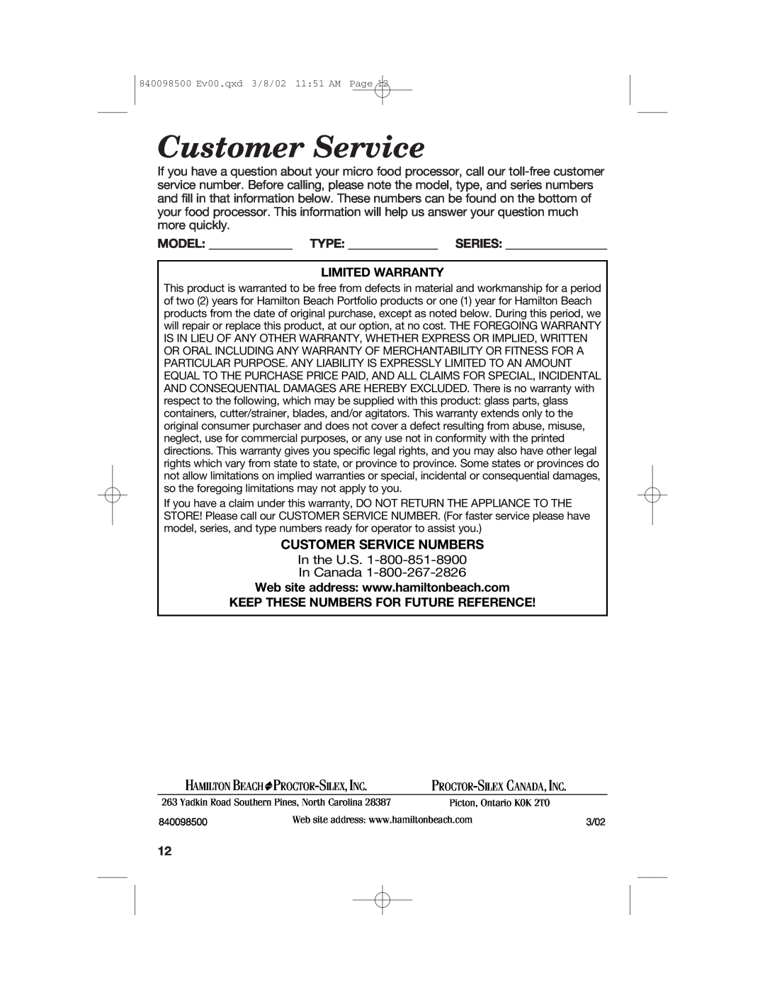 Hamilton Beach 70200 manual Customer Service Numbers, Model Type Series Limited Warranty, Proctor -Silex , Inc 