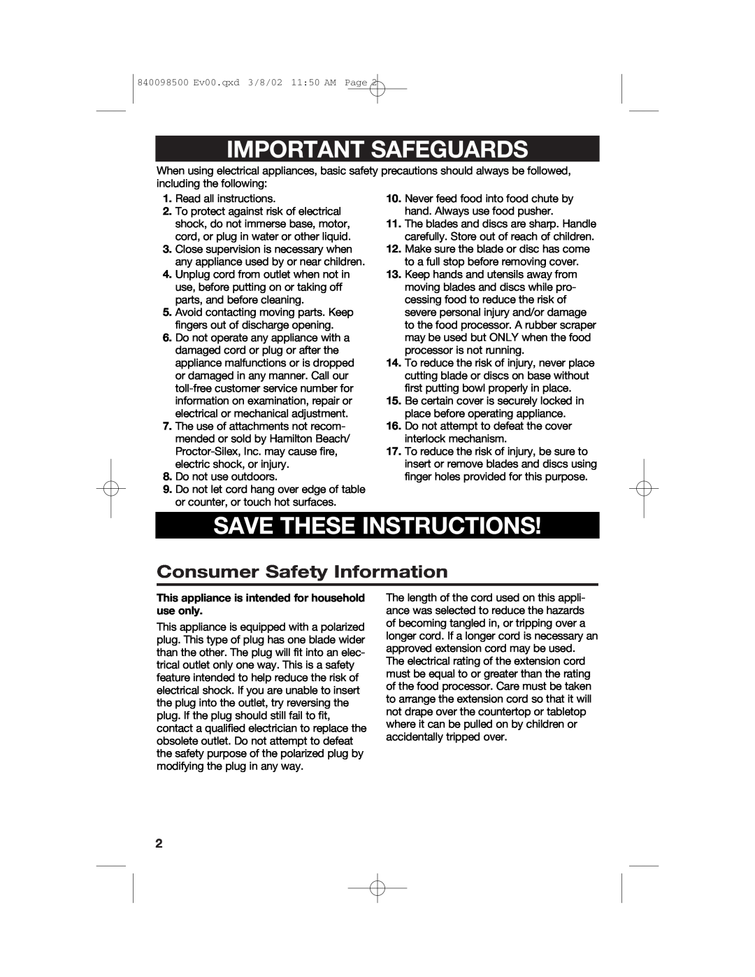 Hamilton Beach 70200 manual Important Safeguards, Save These Instructions, Consumer Safety Information 