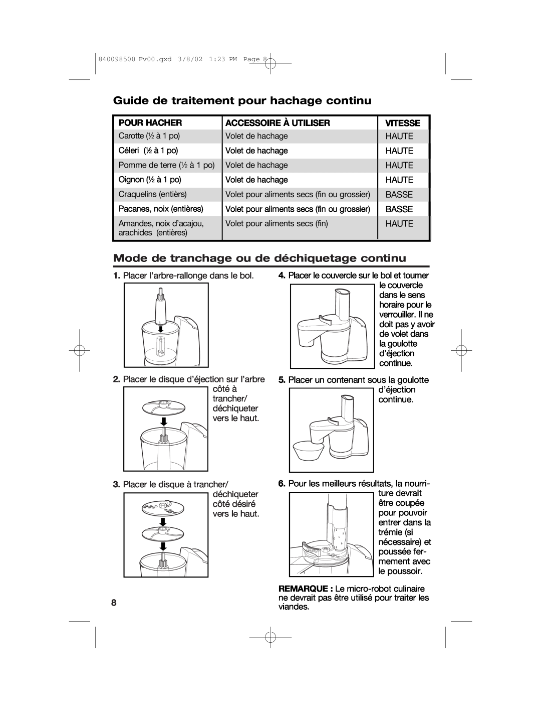 Hamilton Beach 70200 Guide de traitement pour hachage continu, Mode de tranchage ou de déchiquetage continu, Pour Hacher 