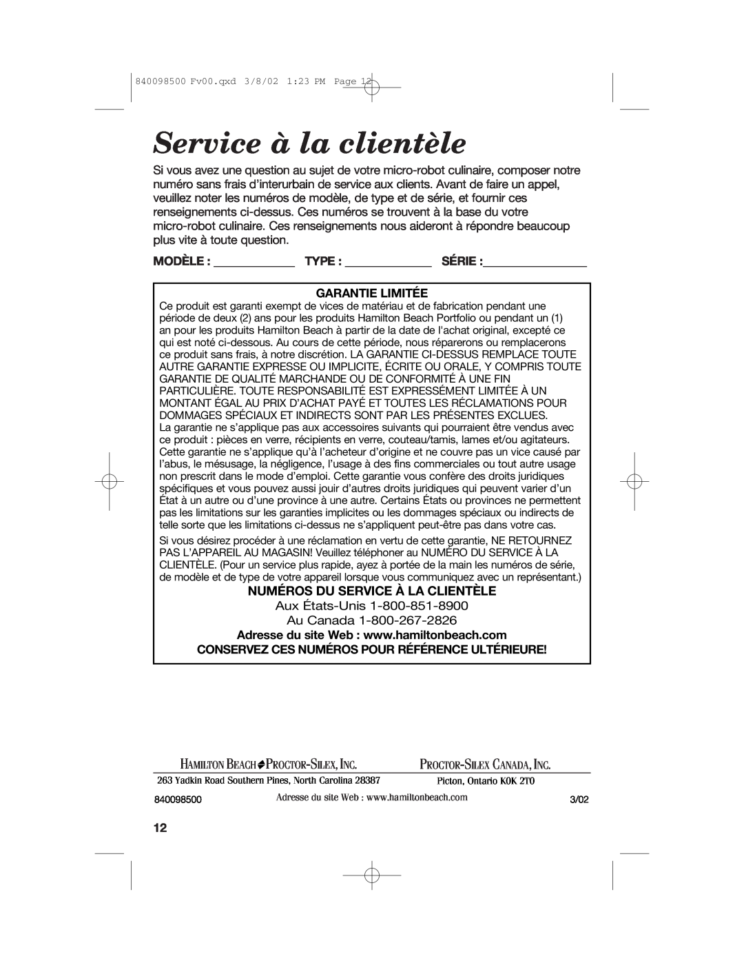 Hamilton Beach 70200 manual Service à la clientèle, Numéros Du Service À La Clientèle, Modèle Type Série Garantie Limitée 