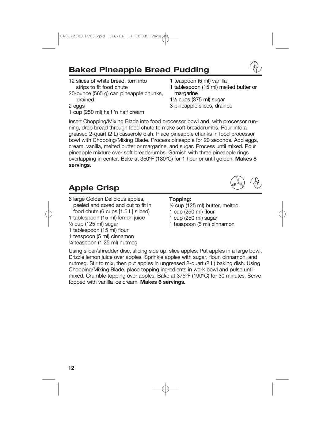 Hamilton Beach 70450C manual Baked Pineapple Bread Pudding, Apple Crisp, Topping 