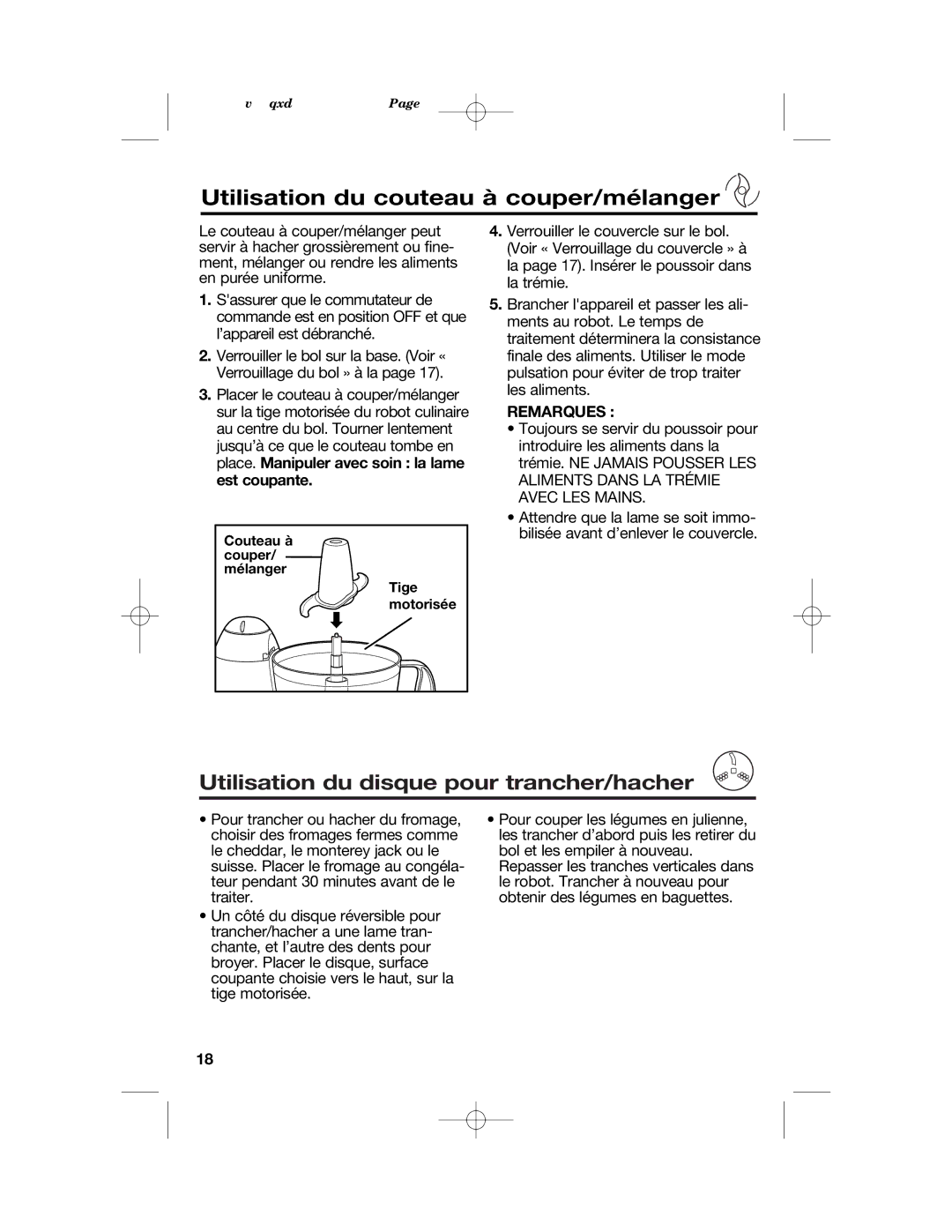 Hamilton Beach 70450C manual Utilisation du couteau à couper/mélanger, Remarques 