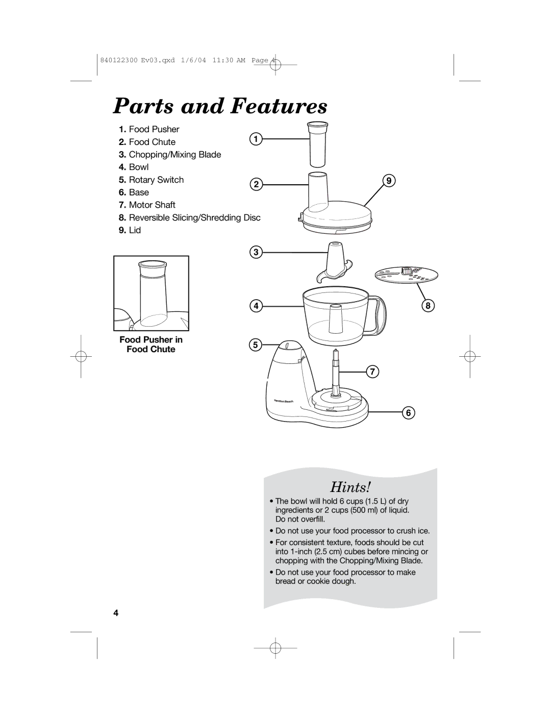 Hamilton Beach 70450C manual Parts and Features, Food Pusher Food Chute 