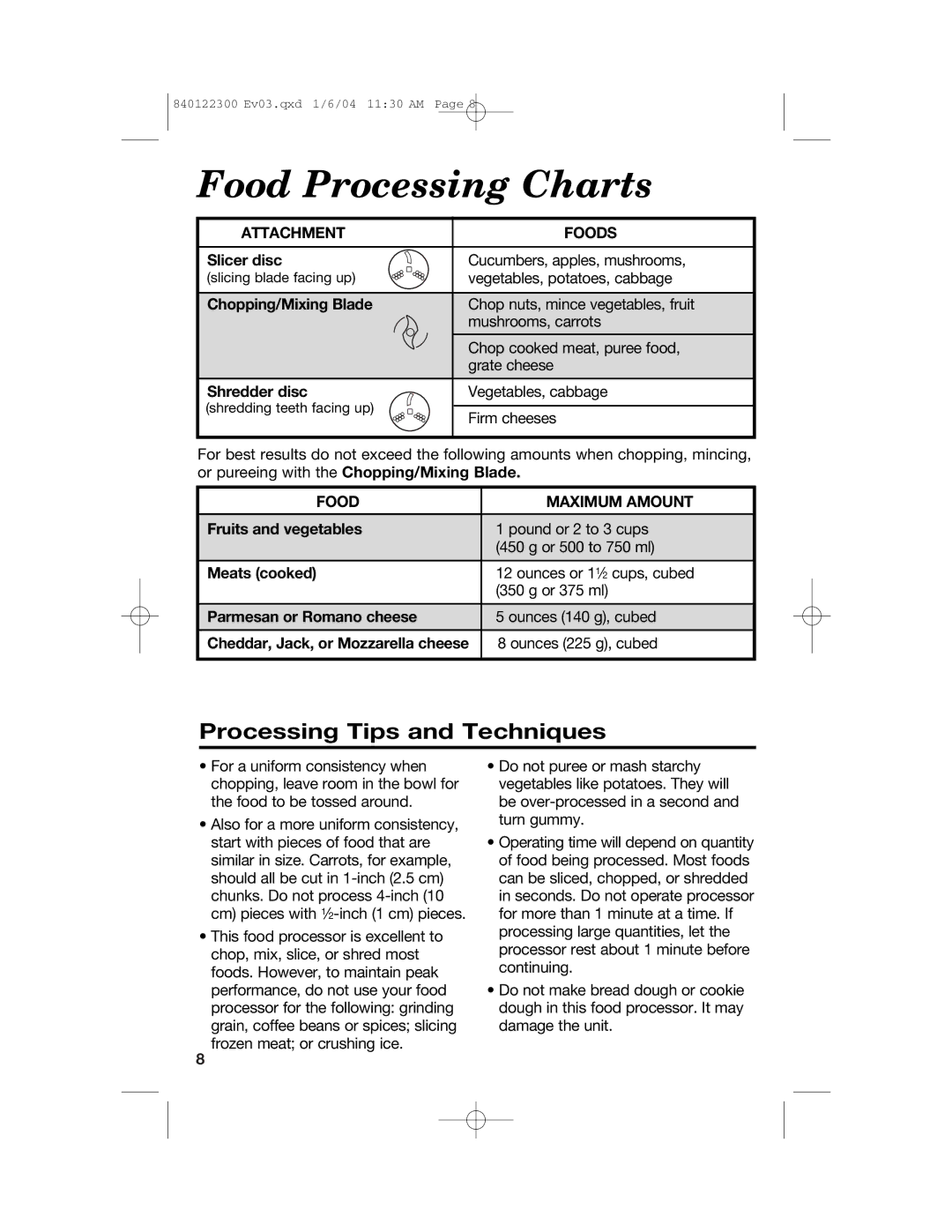 Hamilton Beach 70450C manual Food Processing Charts, Processing Tips and Techniques, Attachment Foods, Food Maximum Amount 