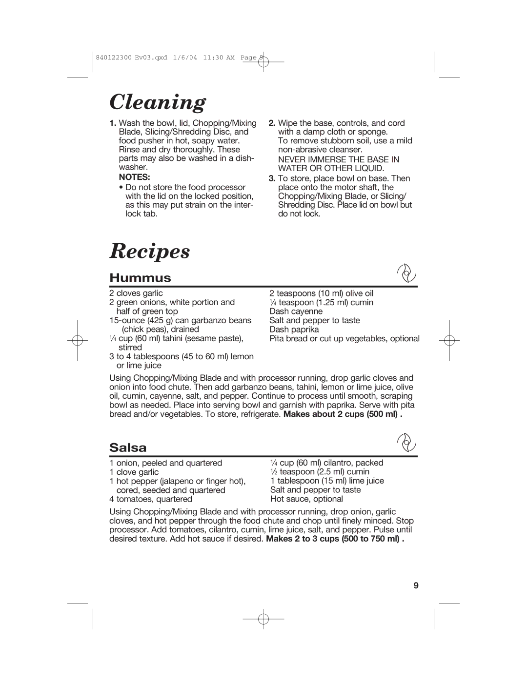 Hamilton Beach 70450C manual Cleaning, Recipes, Hummus, Salsa 