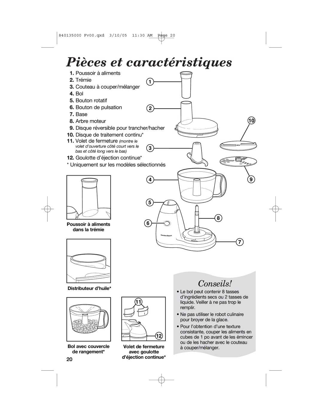 Hamilton Beach 70550R manual Pièces et caractéristiques, Conseils 