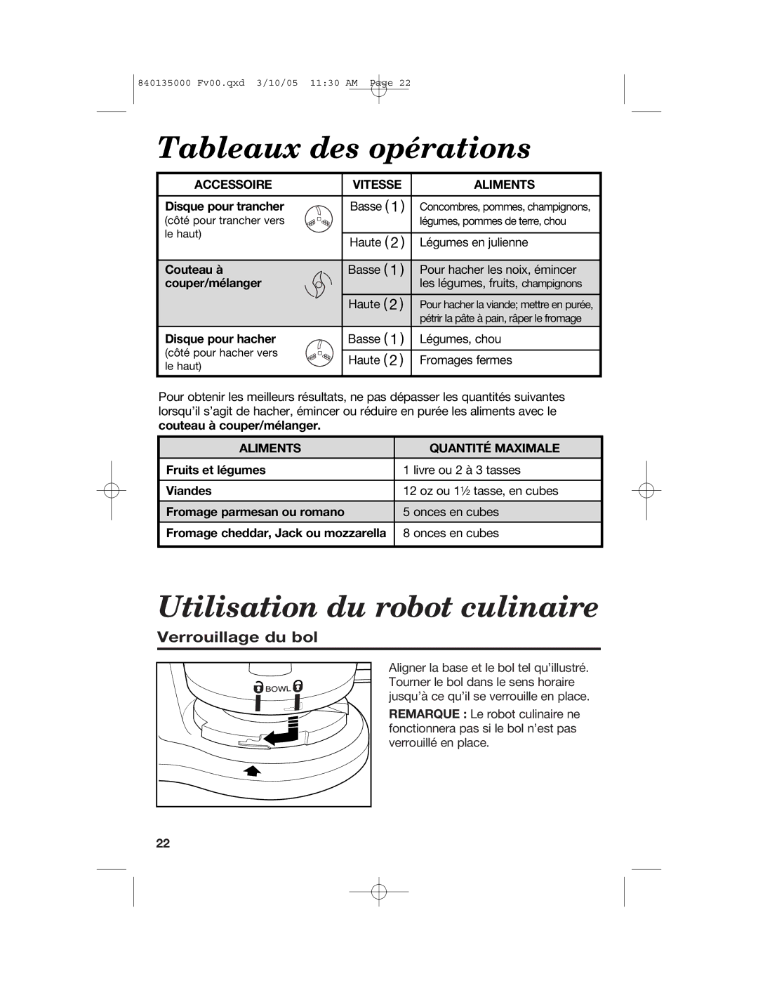 Hamilton Beach 70550R manual Tableaux des opérations, Utilisation du robot culinaire, Verrouillage du bol 