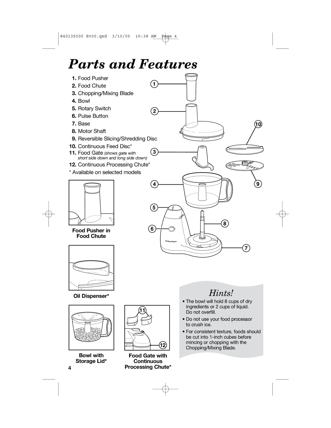 Hamilton Beach 70550R manual Parts and Features, Food Pusher Food Chute Oil Dispenser, Continuous, Processing Chute 