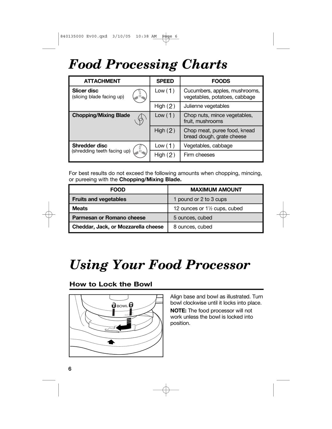 Hamilton Beach 70550R Food Processing Charts, Using Your Food Processor, How to Lock the Bowl, Attachment Speed Foods 