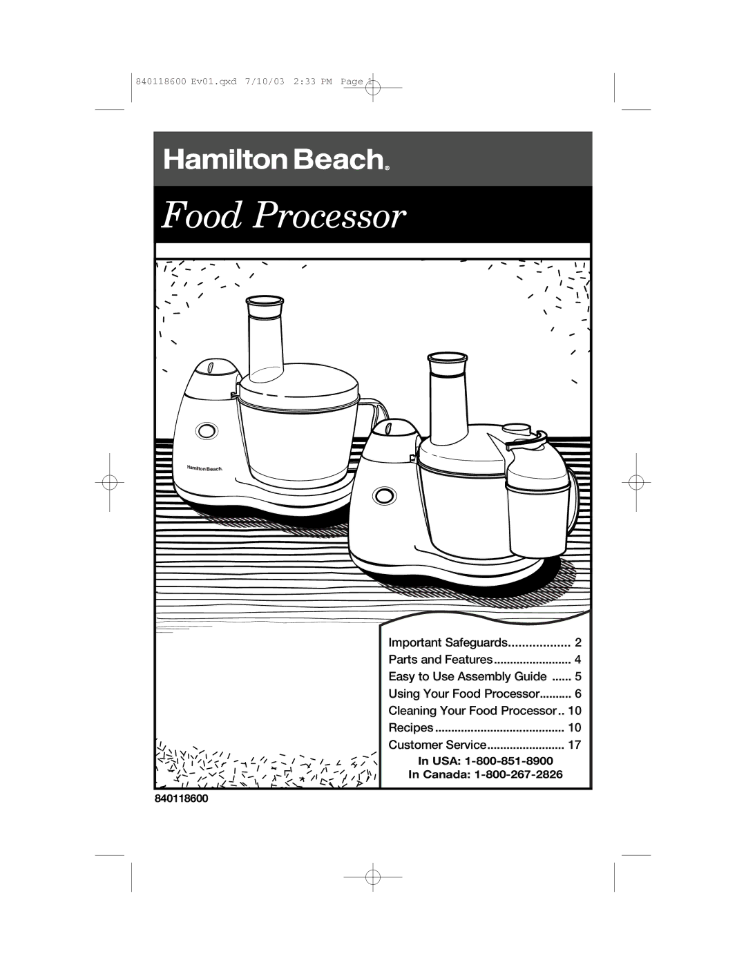 Hamilton Beach 70550RC manual Food Processor 