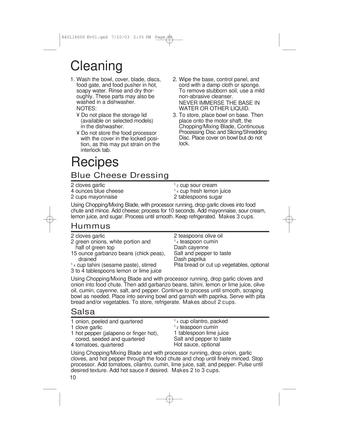 Hamilton Beach 70550RC manual Cleaning, Recipes, Blue Cheese Dressing, Hummus, Salsa 