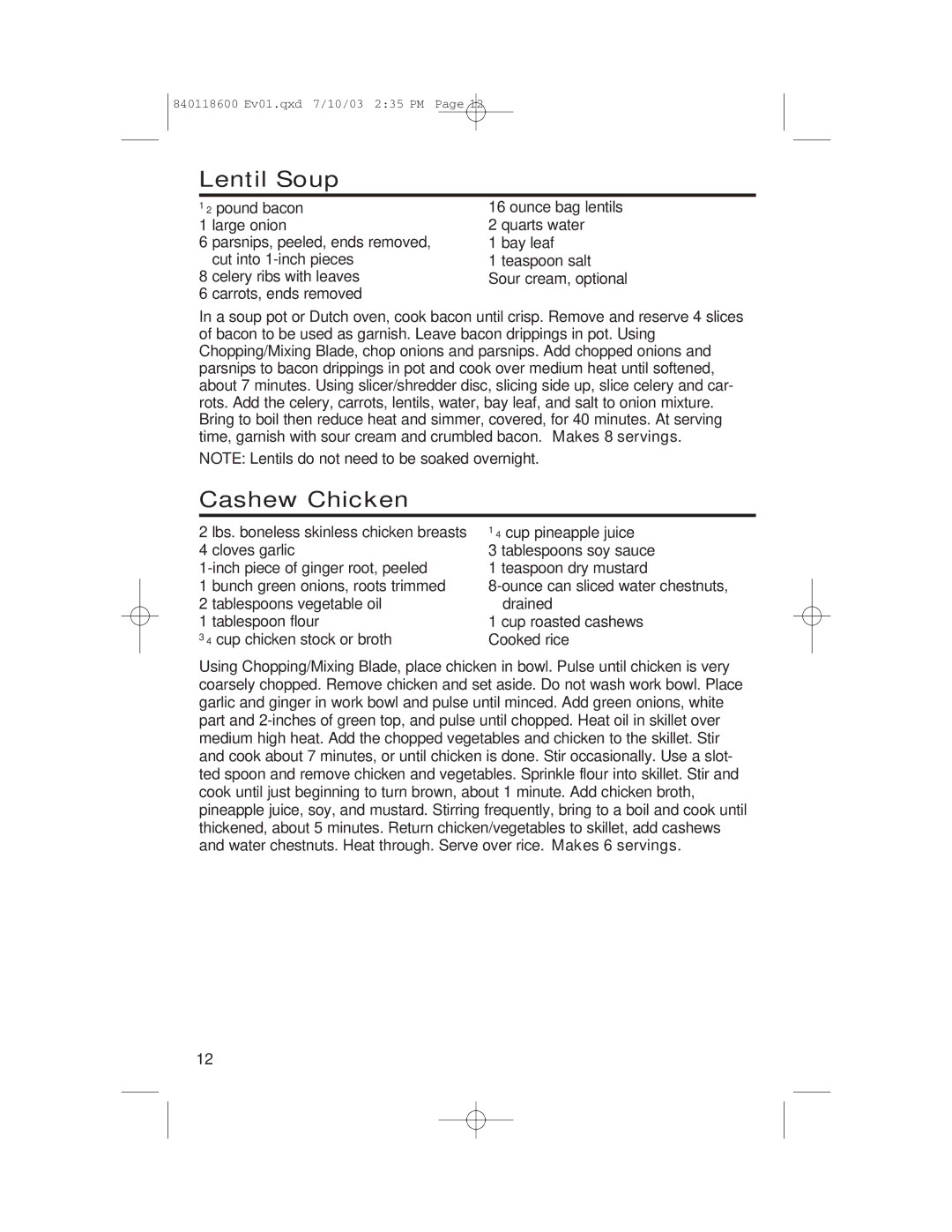 Hamilton Beach 70550RC manual Lentil Soup, Cashew Chicken 