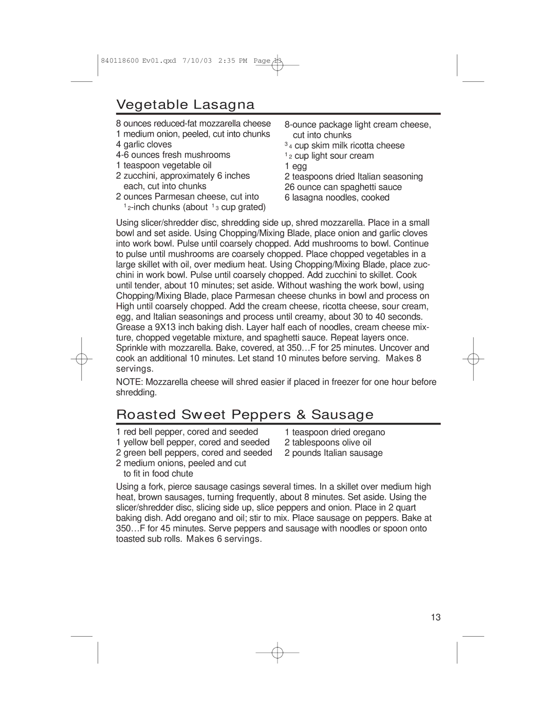 Hamilton Beach 70550RC manual Vegetable Lasagna, Roasted Sweet Peppers & Sausage 