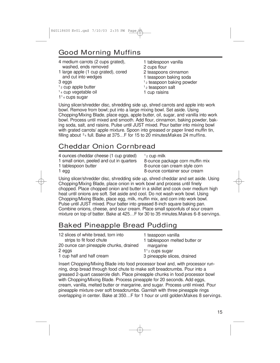 Hamilton Beach 70550RC manual Good Morning Muffins, Cheddar Onion Cornbread, Baked Pineapple Bread Pudding 