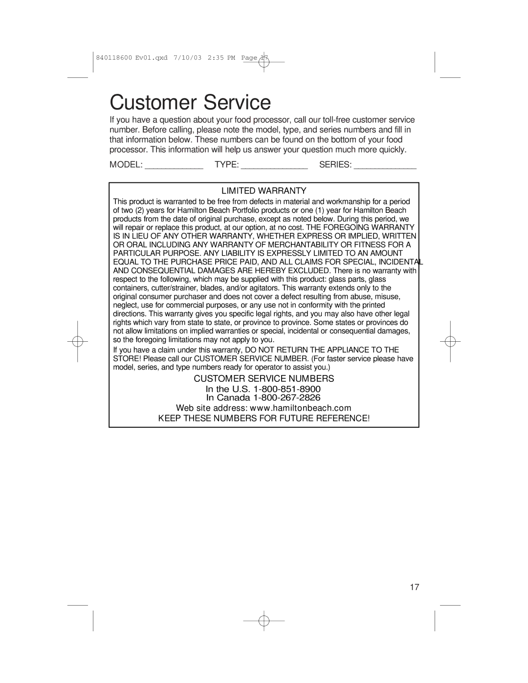 Hamilton Beach 70550RC Customer Service, Model Type Series, Limited Warranty, Keep These Numbers for Future Reference 