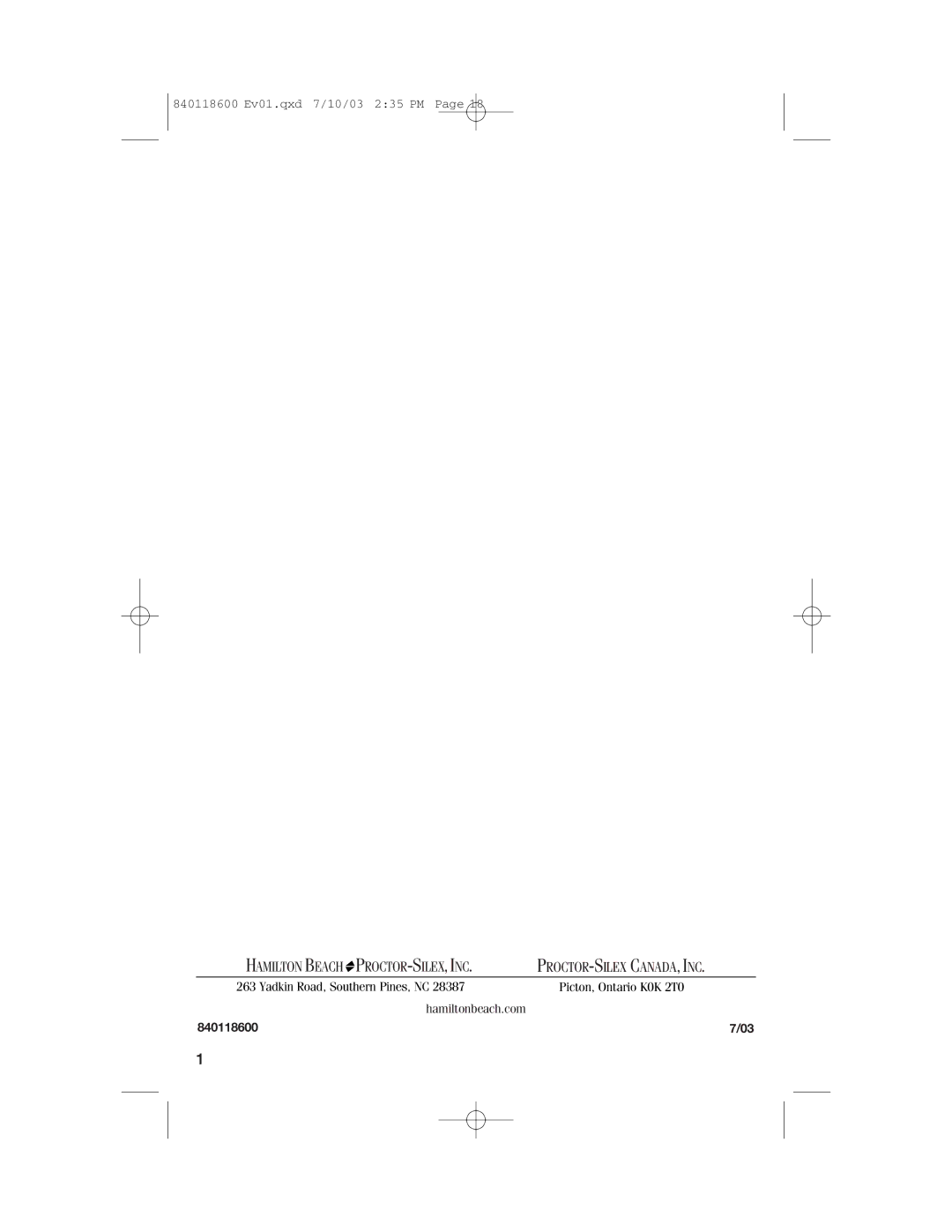 Hamilton Beach 70550RC manual Hamilton Beach PROCTOR-SILEX, INC 