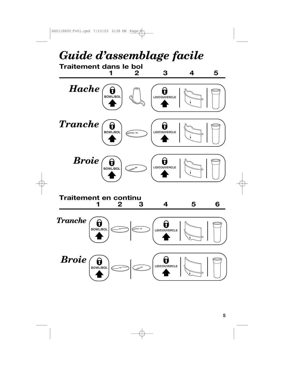 Hamilton Beach 70550RC manual Guide d’assemblage facile, Traitement dans le bol 3 4, Traitement en continu 