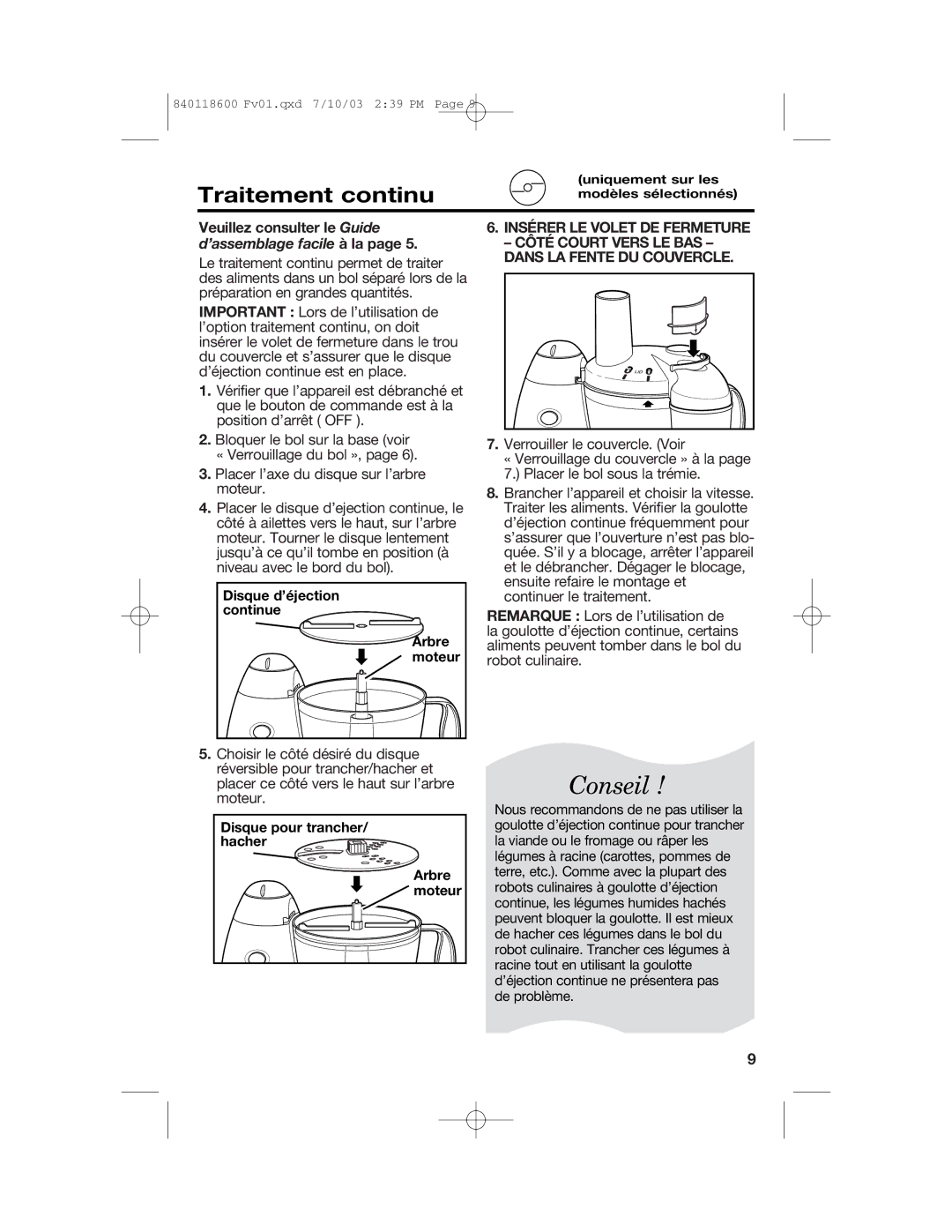 Hamilton Beach 70550RC manual Traitement continu, Insérer LE Volet DE Fermeture 