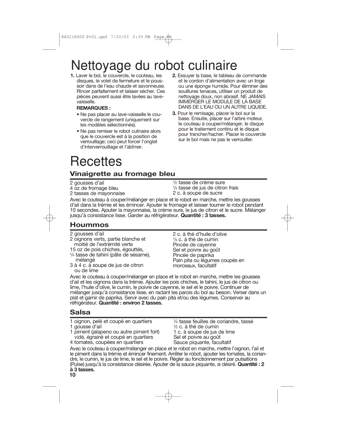 Hamilton Beach 70550RC manual Nettoyage du robot culinaire, Recettes 