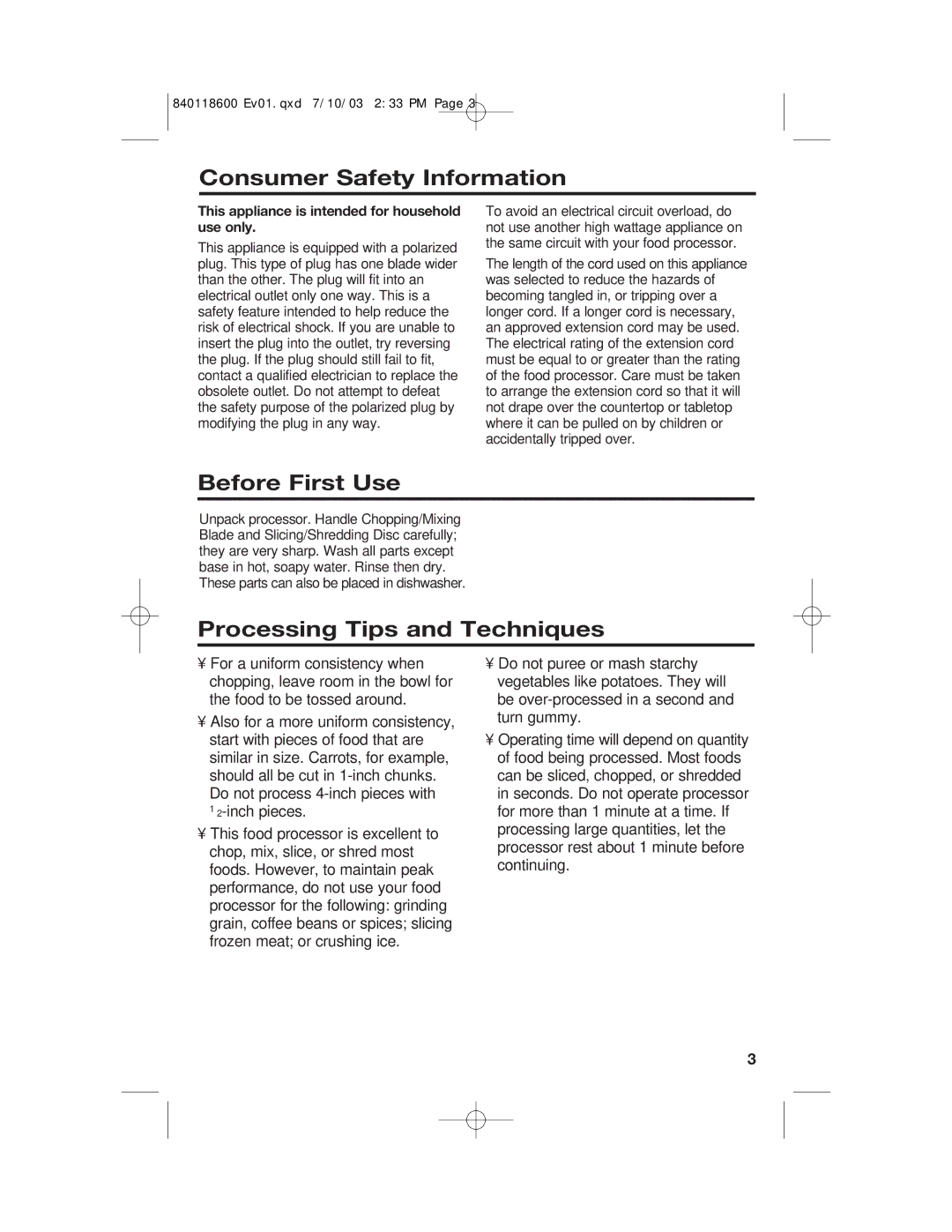 Hamilton Beach 70550RC manual Consumer Safety Information, Before First Use, Processing Tips and Techniques 