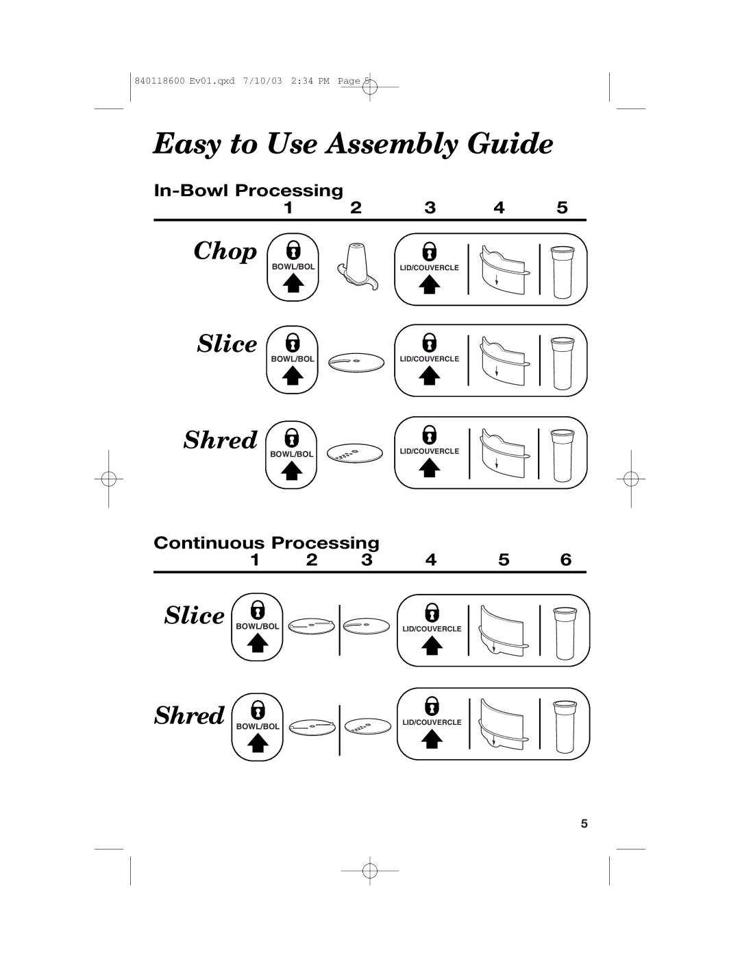 Hamilton Beach 70550RC manual Easy to Use Assembly Guide, In-Bowl Processing, Continuous Processing 