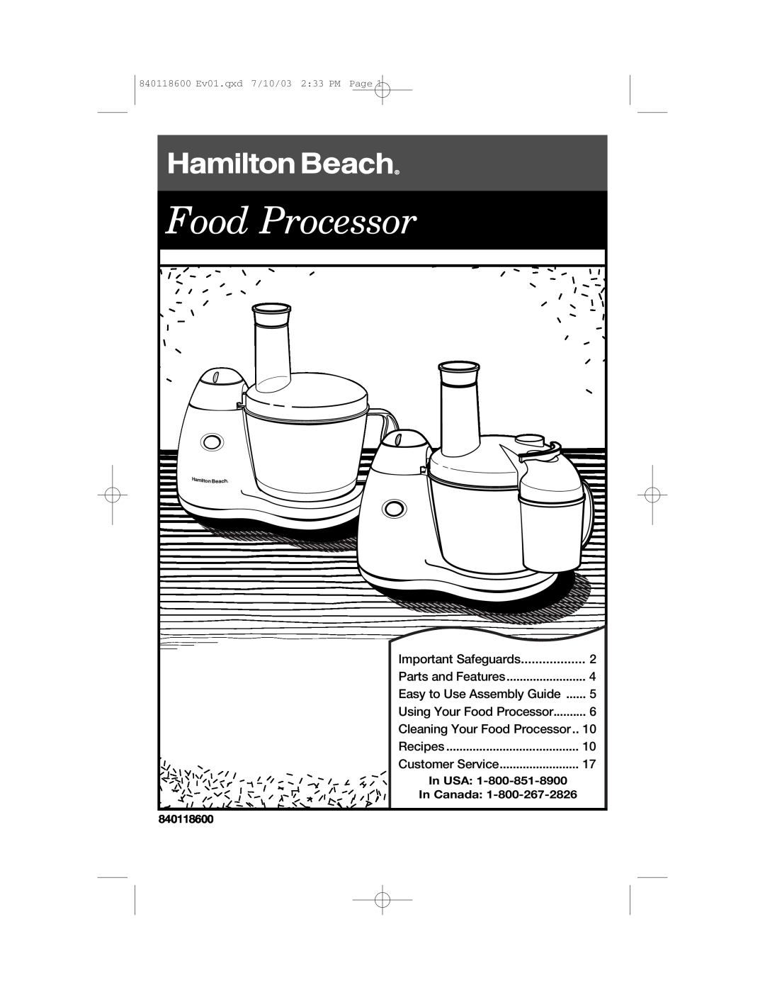Hamilton Beach 70550RC manual Important Safeguards, Cleaning Your Food Processor, In USA, In Canada 