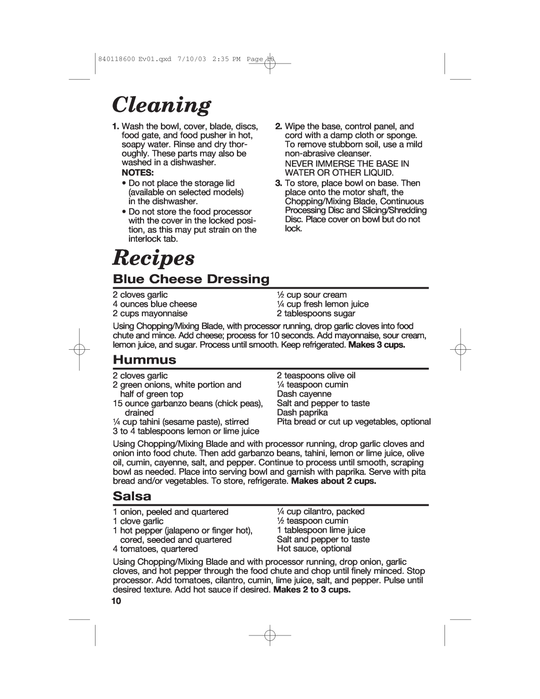 Hamilton Beach 70550RC manual Cleaning, Recipes, Blue Cheese Dressing, Hummus, Salsa 