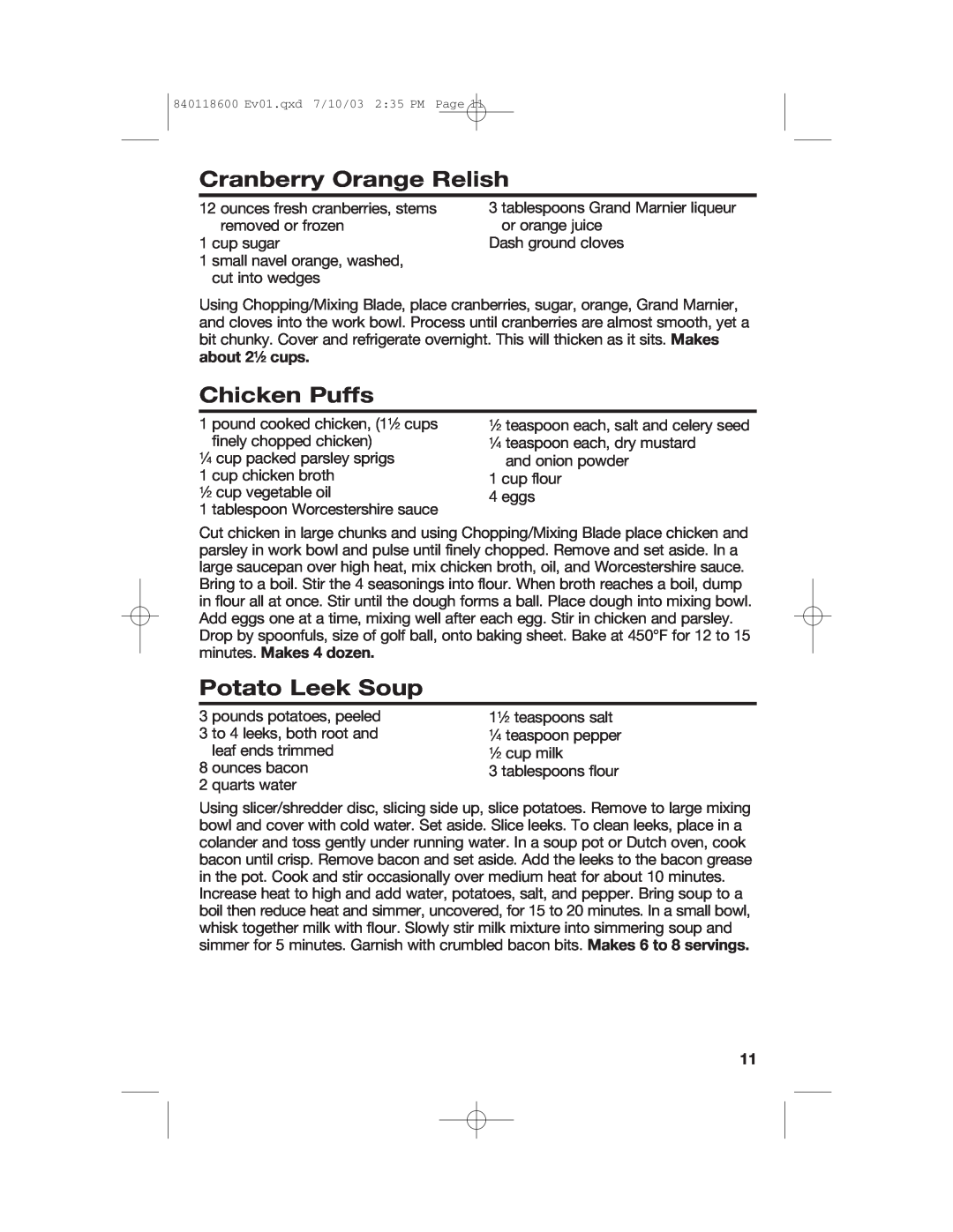Hamilton Beach 70550RC manual Cranberry Orange Relish, Chicken Puffs, Potato Leek Soup 