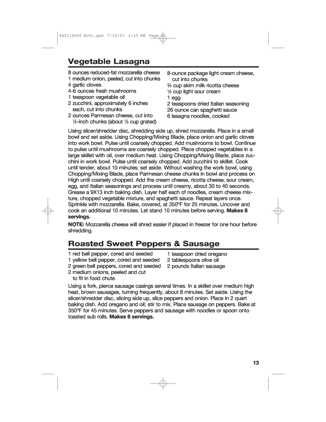 Hamilton Beach 70550RC manual Vegetable Lasagna, Roasted Sweet Peppers & Sausage 
