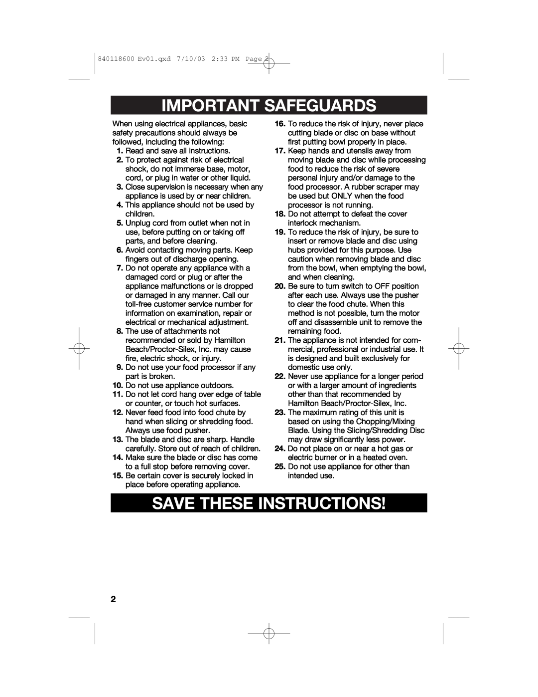Hamilton Beach 70550RC manual Important Safeguards, Save These Instructions 