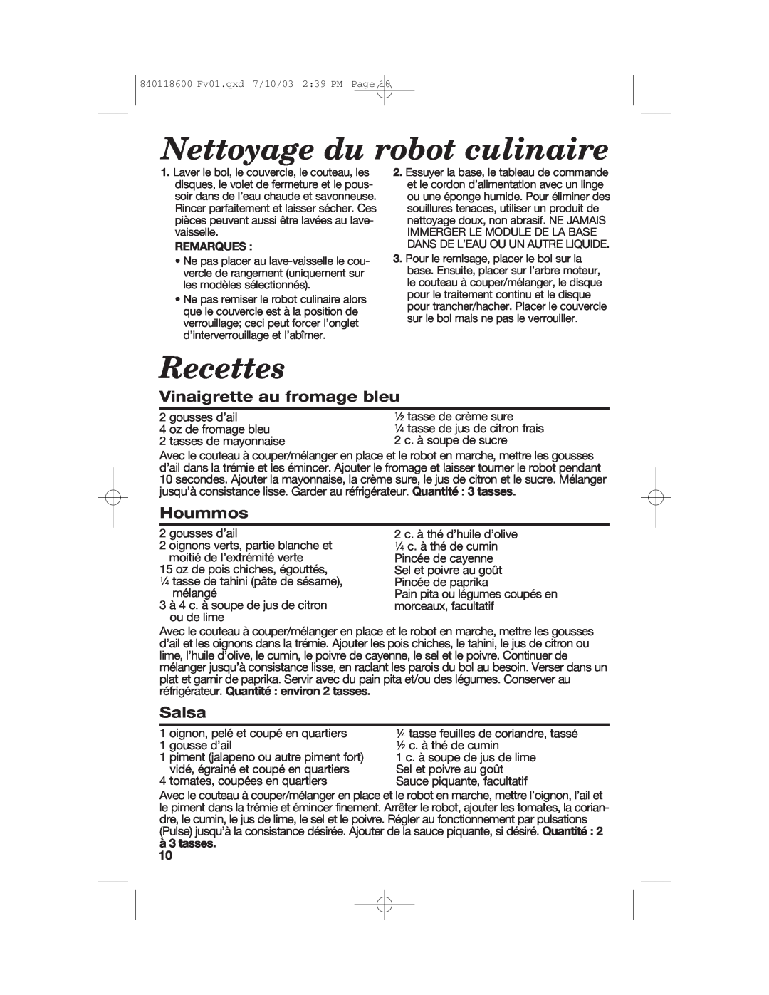 Hamilton Beach 70550RC manual Nettoyage du robot culinaire, Recettes, Vinaigrette au fromage bleu, Hoummos, Salsa 
